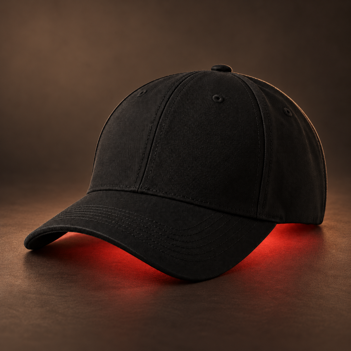 LumaRoot red light therapy cap, black, with red glow under the brim